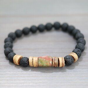 Unakite Square Gemstone with Black Round Lava Beads Adjustable Bracelet